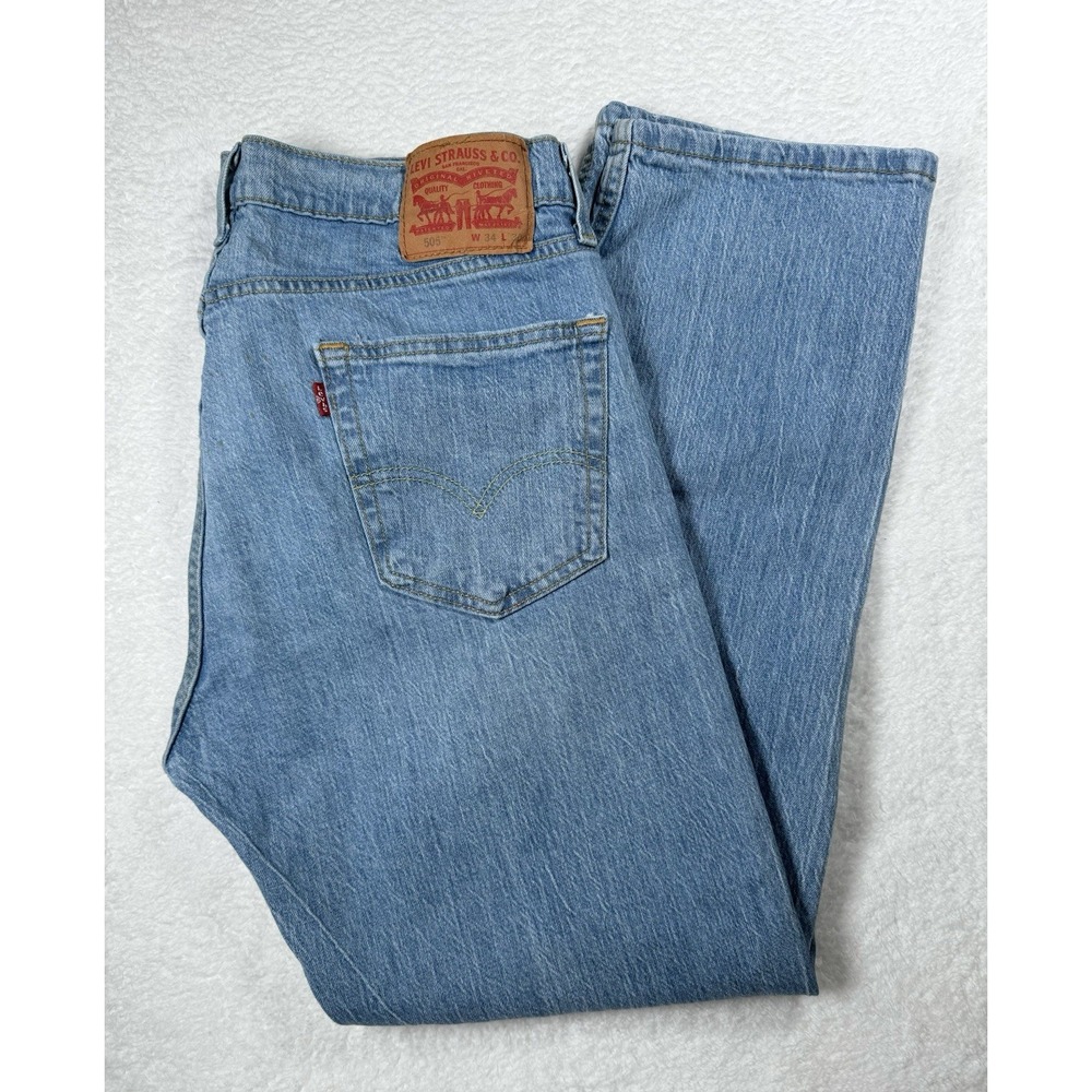 Levi's‎ 505 Jeans Mens 34x30 Light Blue Straight Leg Light Wash Denim Flaw Stain